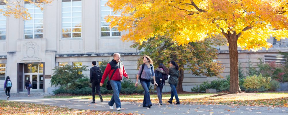 Students walking by Mann Library