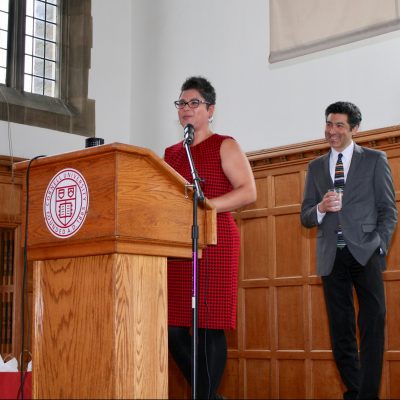 Associate Dean Sara Xayarath Hernandez introduces professor Keivan Stassun, Vanderbilt University